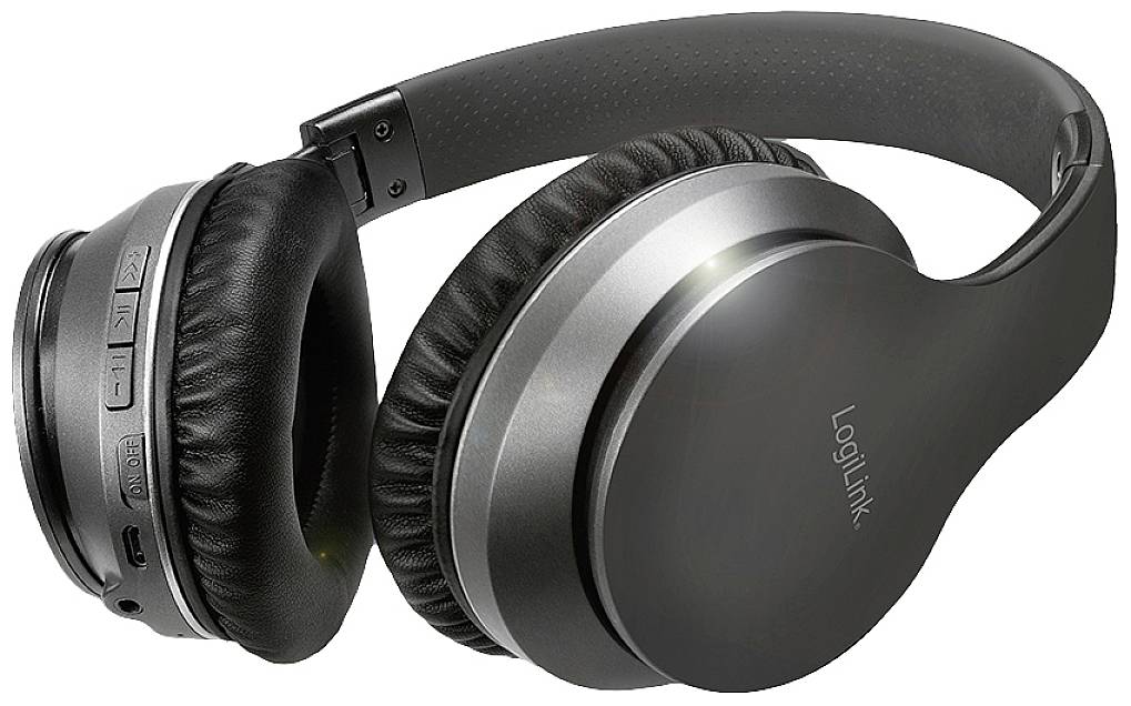 Črne brezžične slušalke Over-Ear znamke LogiLink z oblazinjenimi ušesnimi blazinicami in kontrolnimi tipkami na strani za upravljanje zvoka.