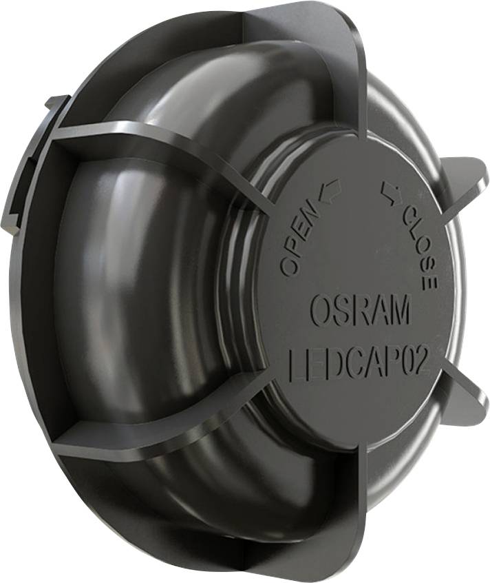 Okrogel črn pokrov z napisom 'OSRAM LEDCAP 02'. Puščice kažejo smeri za 'ODPRI' in 'ZAPRI'.
