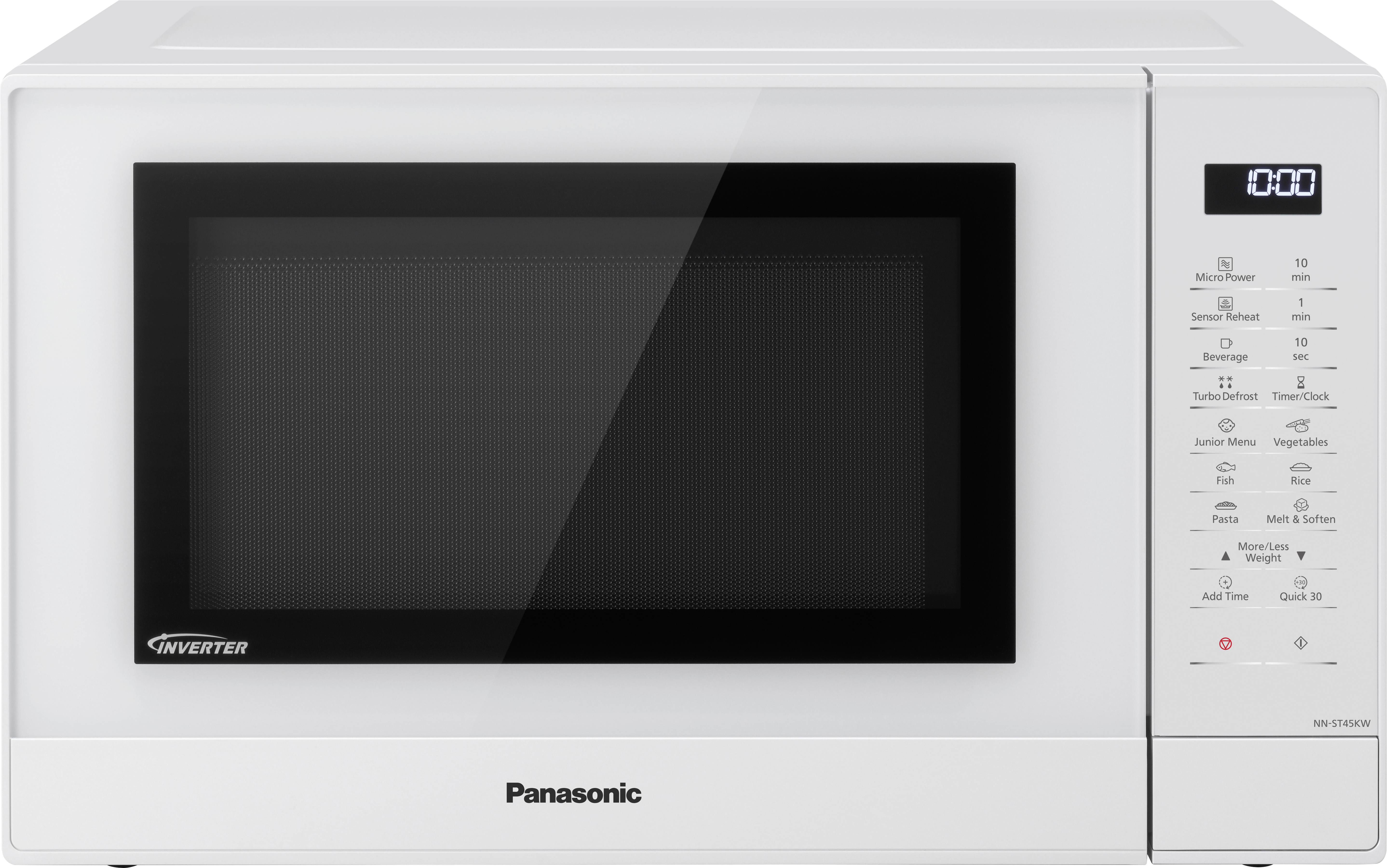 Bela mikrovalovka Panasonic z digitalnim zaslonom in več upravljalnimi gumbi na desni strani.