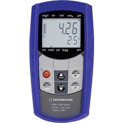 Digitalna merilna naprava z modrim ohišjem na zaslonu prikazuje '4,26' in '25°C'. Spodaj so vidne tipke za kalibracijo in navigacijo.