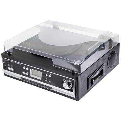 Gramofon s prozornim pokrovom, vgrajen kasetni predvajalnik in zvočniki. Spredaj so nameščene tipke in zaslon.
