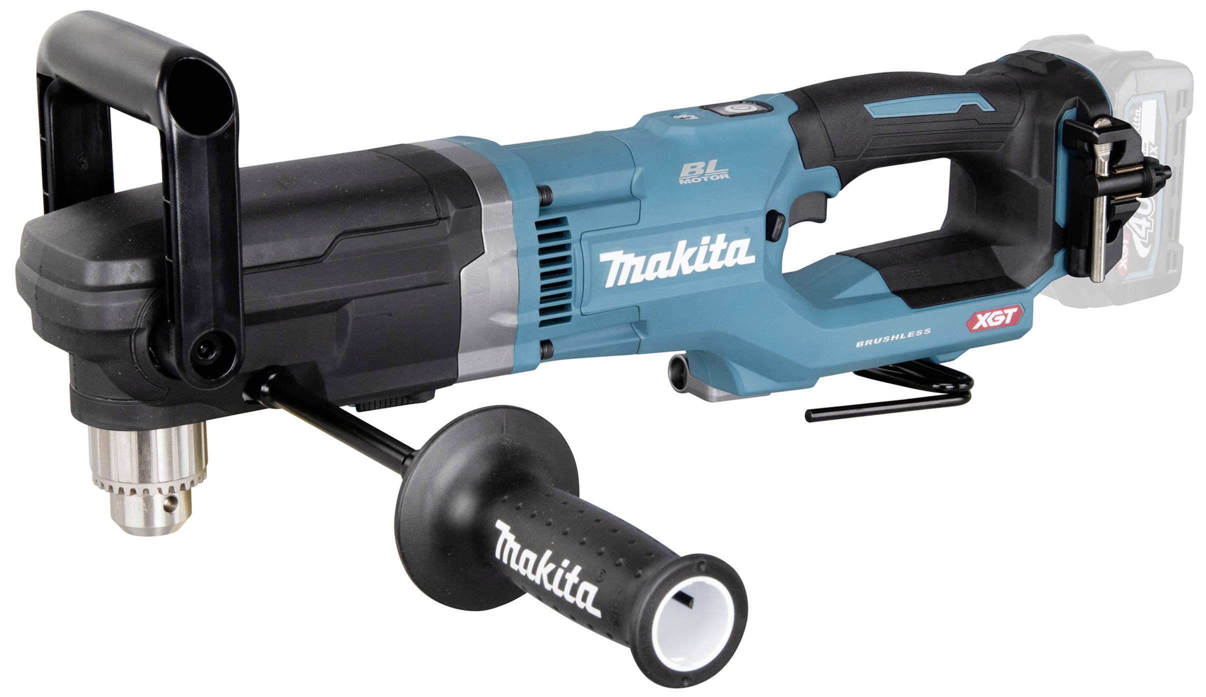 Akumulatorski vijačnik Makita s stranskim ročajem in modro-črnim dizajnom; primeren za vrtalna dela.