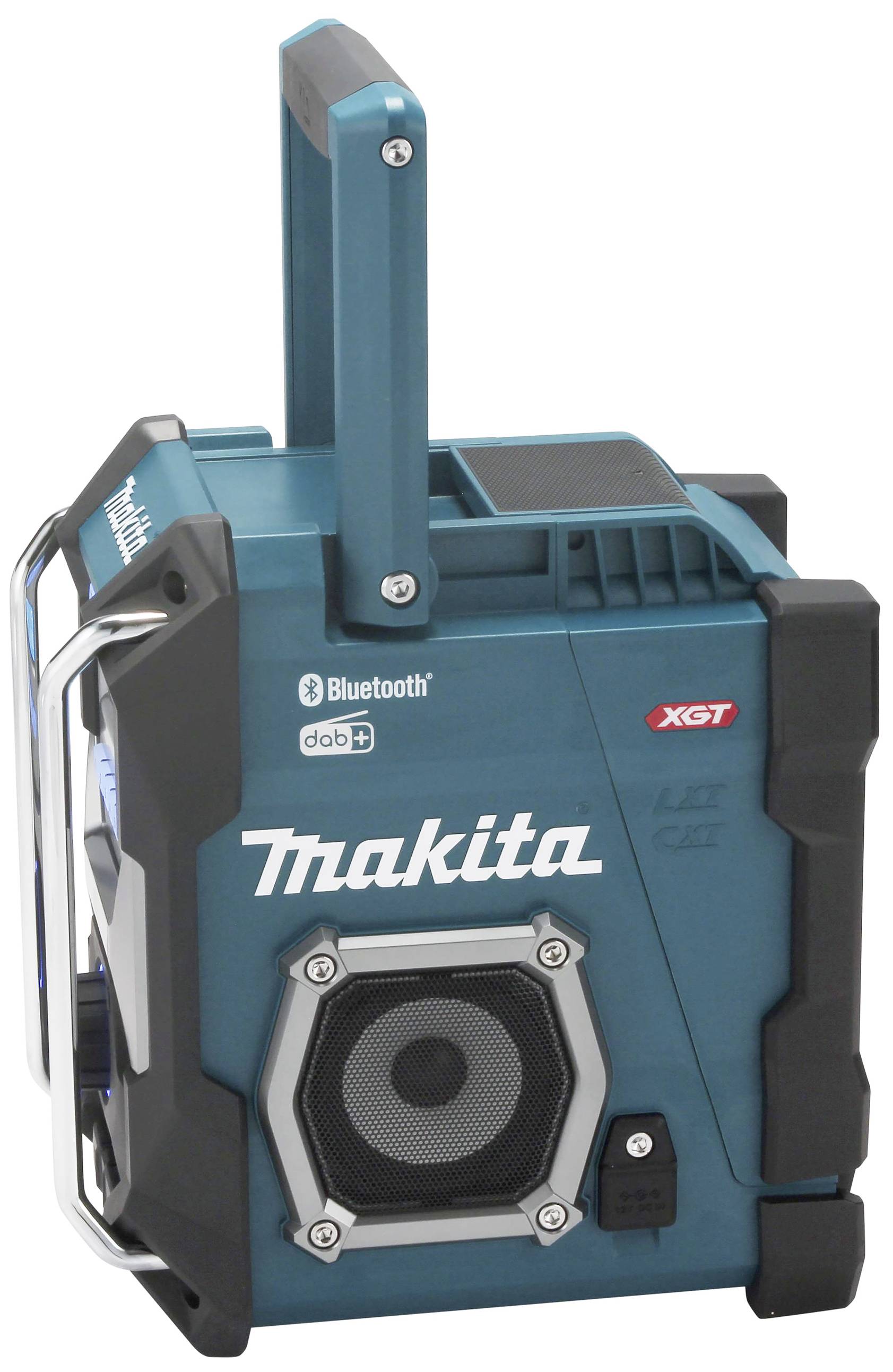 Prenosni moder gradbeni radio z Bluetooth in DAB+ znamke Makita, model XGT. Primeren za robustna okolja.