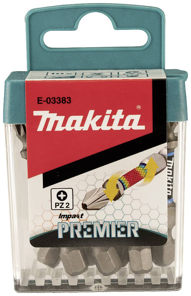 Komplet vijačnih nastavkov 'Makita Impact Premier', art. št. E-03383, vsebuje PZ2 nastavke, pakiran v prozorni plastični škatli s turkiznim pokrovom.