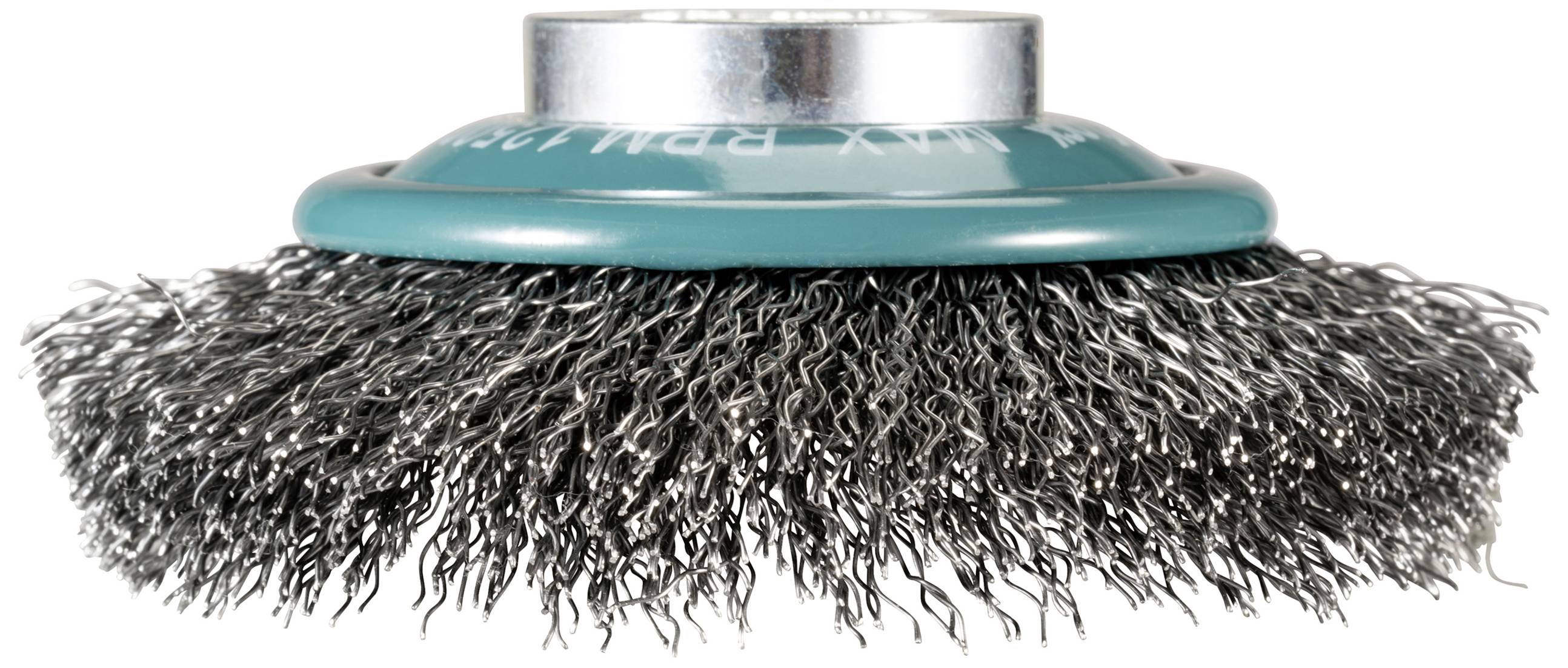 Žična krtača z zeleno podlago in kovinskimi ščetinami za čiščenje ali odstranjevanje rje.