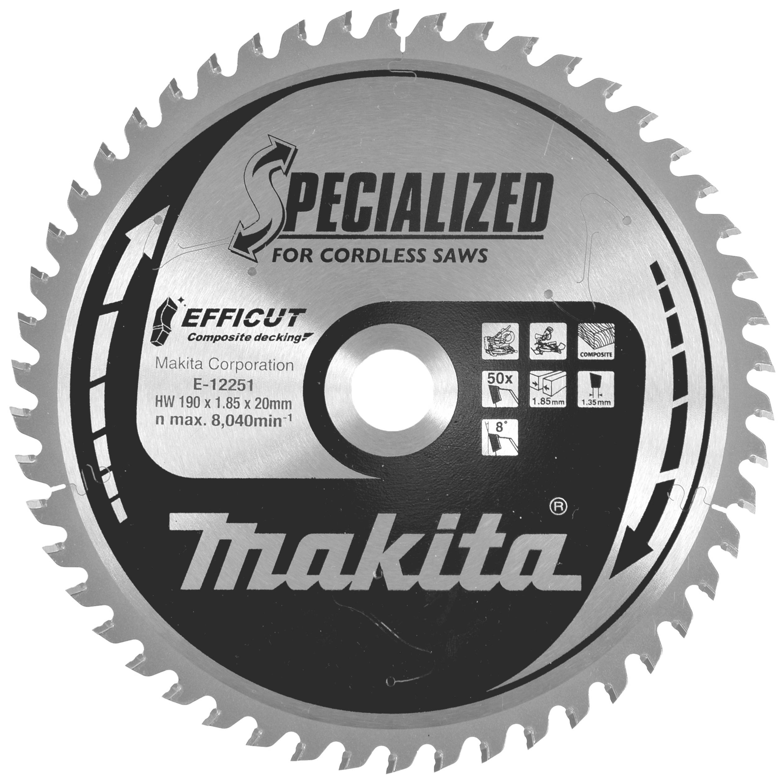Okroglo žago Makita, specializirano za akumulatorske žage. Model E-12251, z 50 zobmi, primerno za lesene materiale.