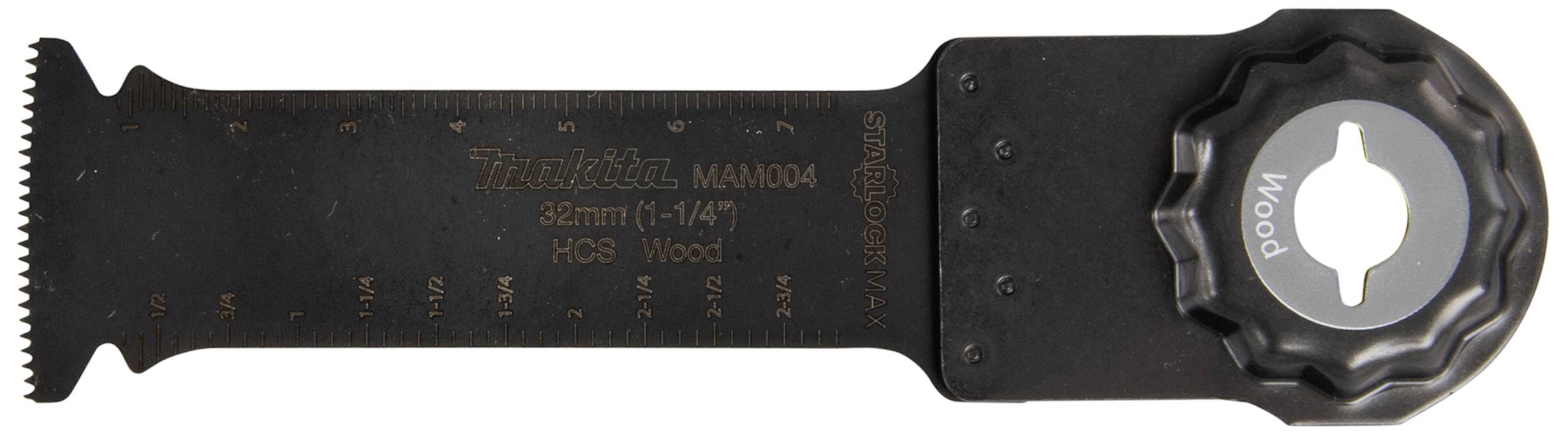 Črna žaga za les, označena z 'Makita' in '32 mm (1-1/4")'. Ima nazobčan rob in okroglo pritrjevalno odprtino.