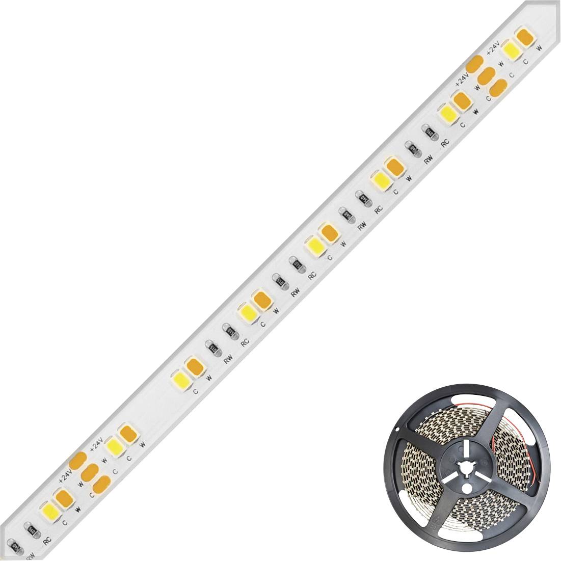Trakasta LED svetilka s tulcem, prikazana s RGB+CCT diodami in rezalnimi točkami na belem ozadju.