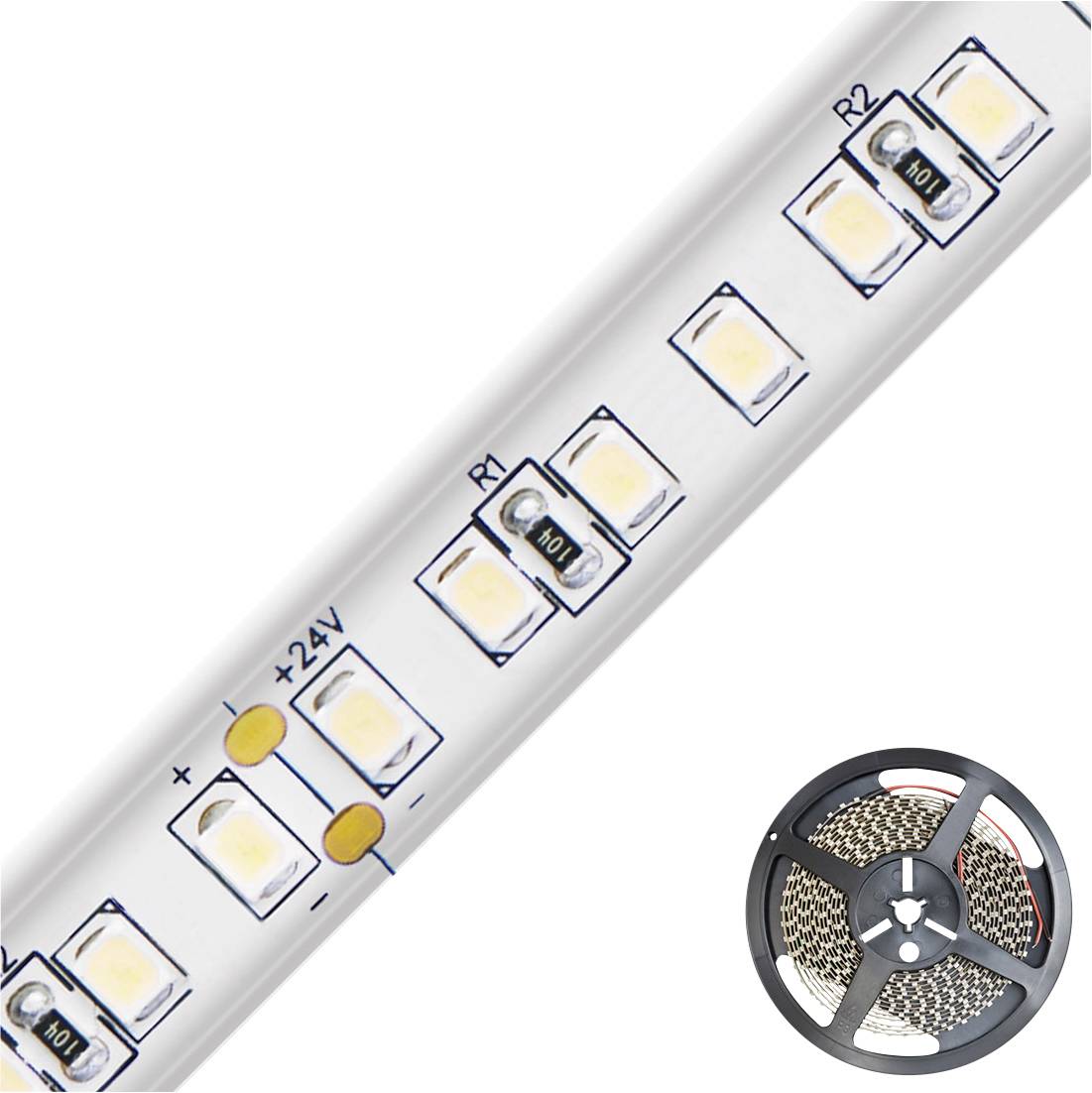Bližnji pogled na LED svetlobni trak s kolutom traku, prikazanim v kotu.