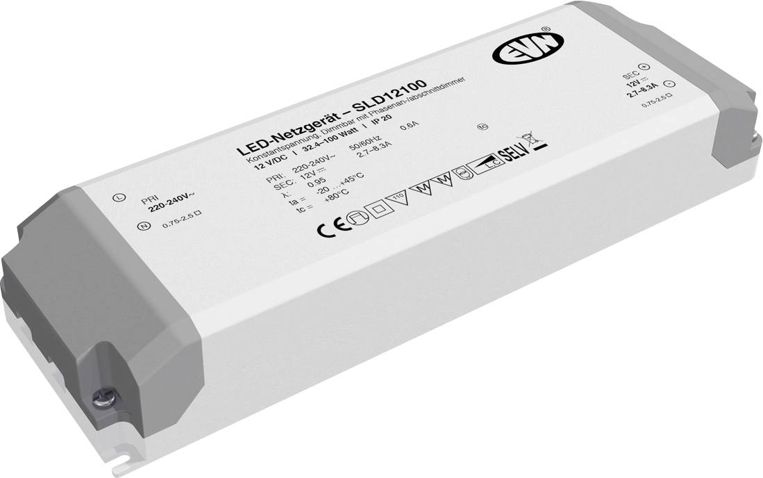 Napajač za belo LED svetlobo z oznako »LED-Netzgerät - SLD12100« s sivimi končnimi pokrovkami, prikazan v prikazu izdelka na belem ozadju.