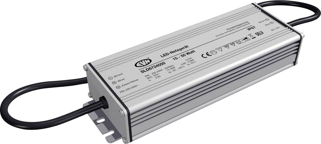 Kovinsko napajalno vezje LED-a s priloženimi črnimi kabli in nosilcem za pritrditev na belem ozadju, označeno z "LED Netzteil" in "15-20 Watt".