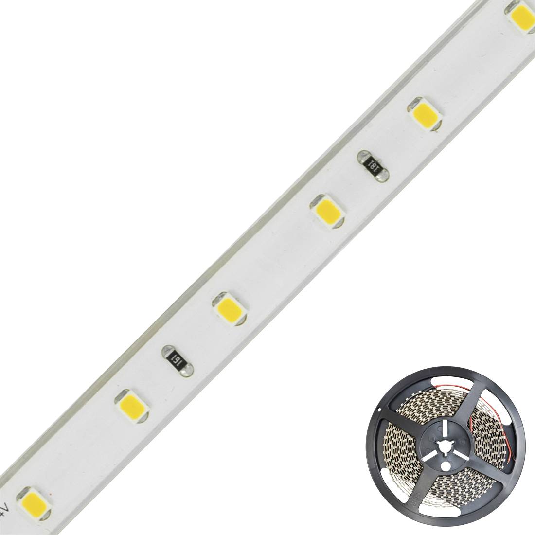 LED-trak z rumenimi diodami in črnim ohišjem tuljave, primeren za osvetlitvene projekte ali dekoracijo.