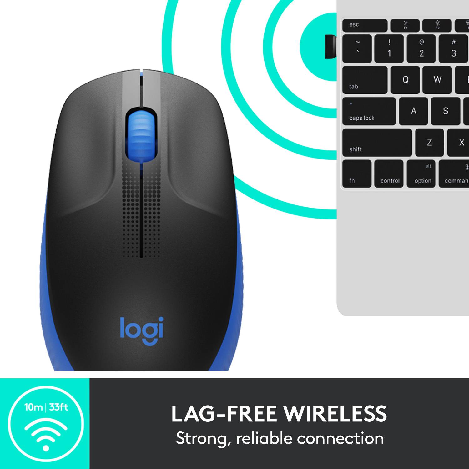 Brezžična Logitech miška poleg računalniške tipkovnice. Besedilo: 'Brezžično in brez zakasnitev, zmogljiva in zanesljiva povezava'.