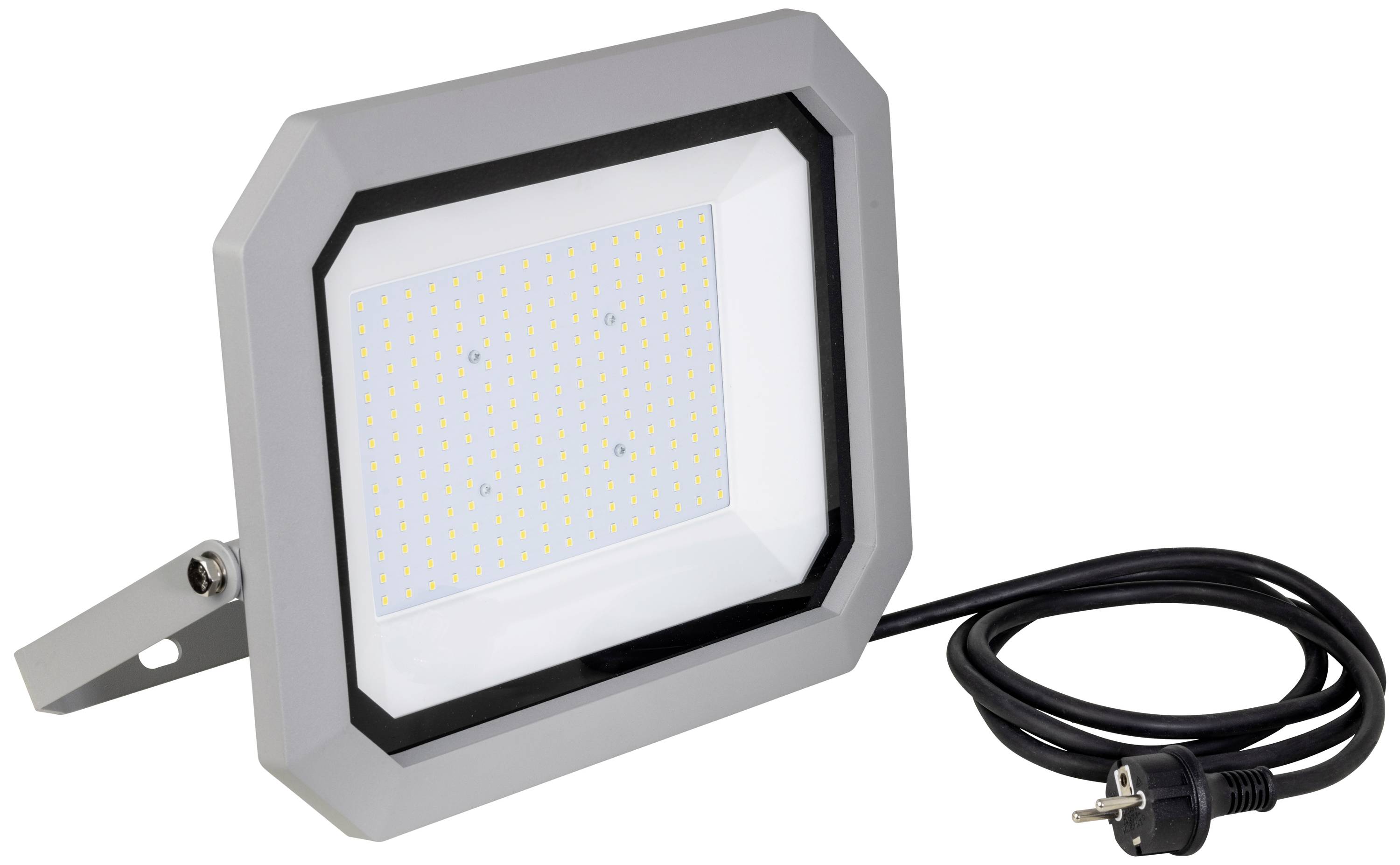 LED-reflektor z napravo za poplavno osvetlitev, srebrnosivo ohišje, črn okvir, montažna konzola in črn električni kabel s vtičem.