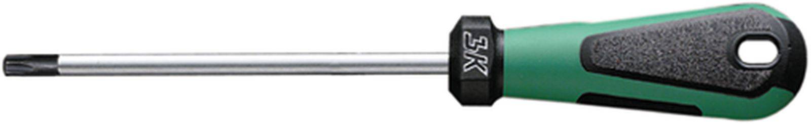 Izvijač z zelenim ročajem in križasto glavo, primeren za vijake Torx.