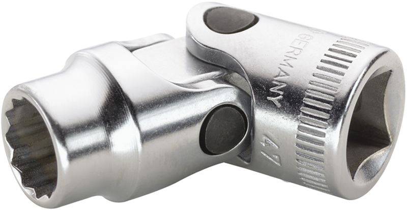 Kovinski adapter za okrogli ključ z zglobom, ki omogoča prilagodljivo nastavljanje kota za težko dostopna vijačna mesta.