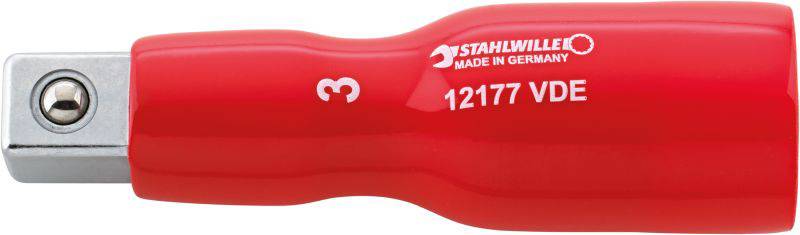 Rdeč ročaj izvijača s kovinsko šestkotno vpenjalno glavo. Napis: 'STAHLWILLE MADE IN GERMANY 12177 VDE'.