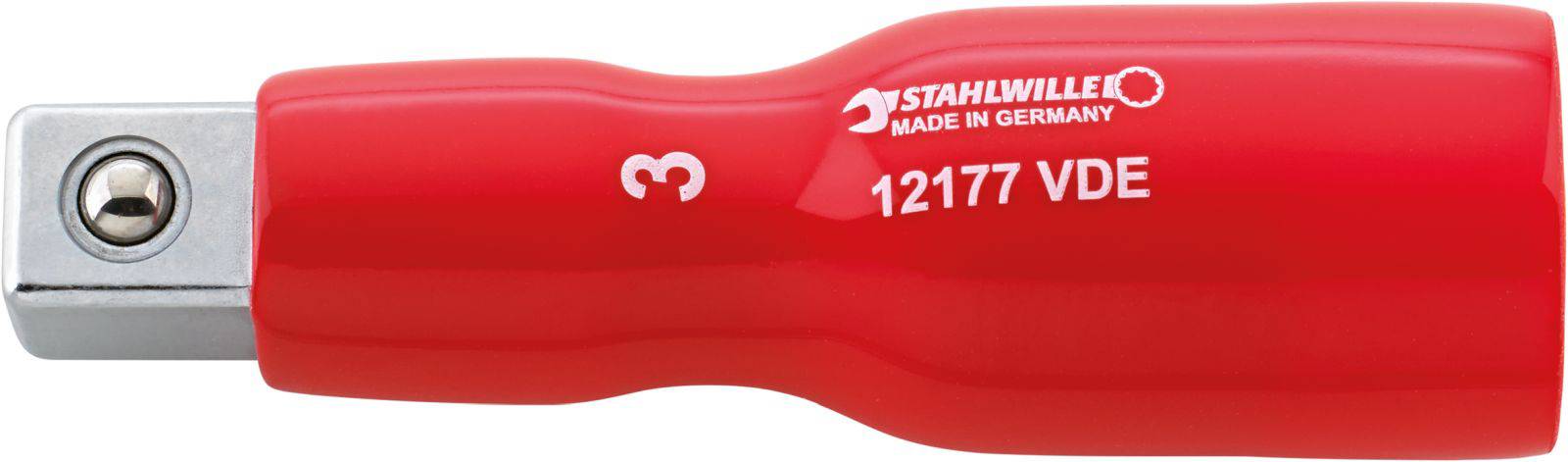 Rdeč, izoliran ključ za vtičnico z napisom 'STAHLWILLE', 'MADE IN GERMANY' in '12177 VDE', velikost '3'.