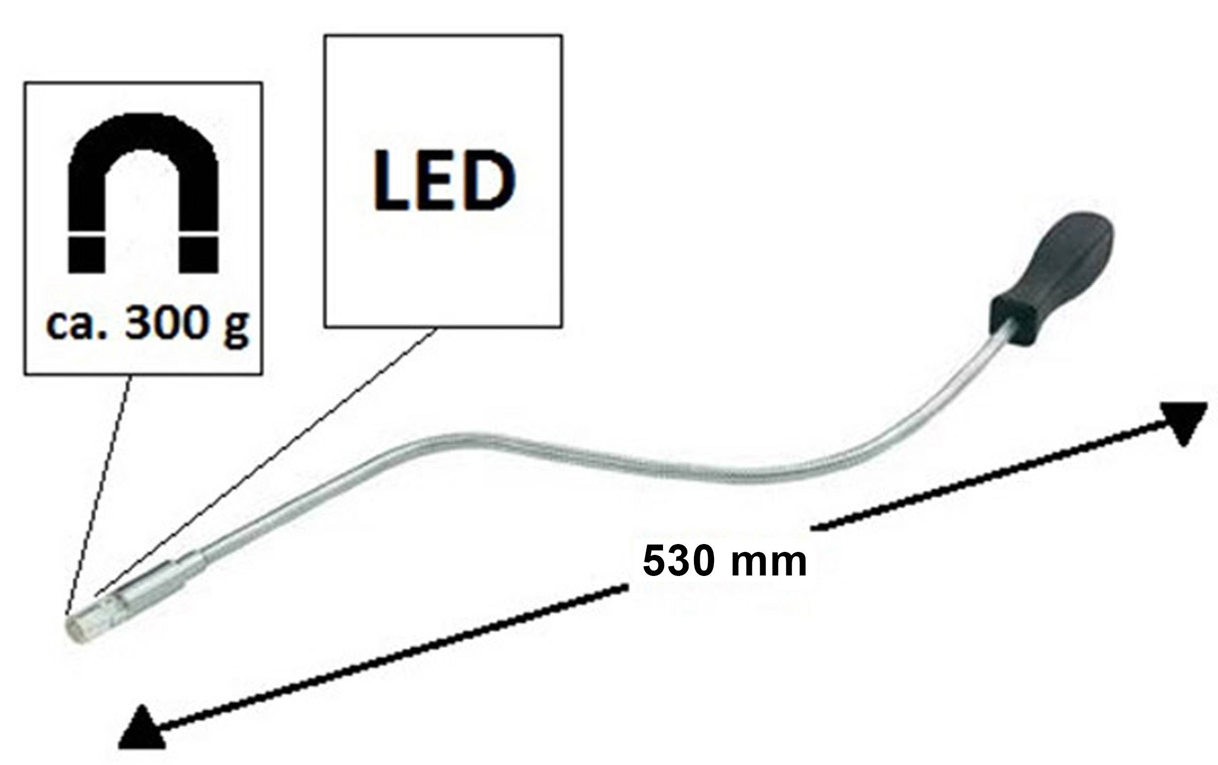 Prilagodljivo magnetno orodje za pobiranje z LED lučko, dolgo približno 530 mm, ki tehta okoli 300 gramov in ima črn ročaj.