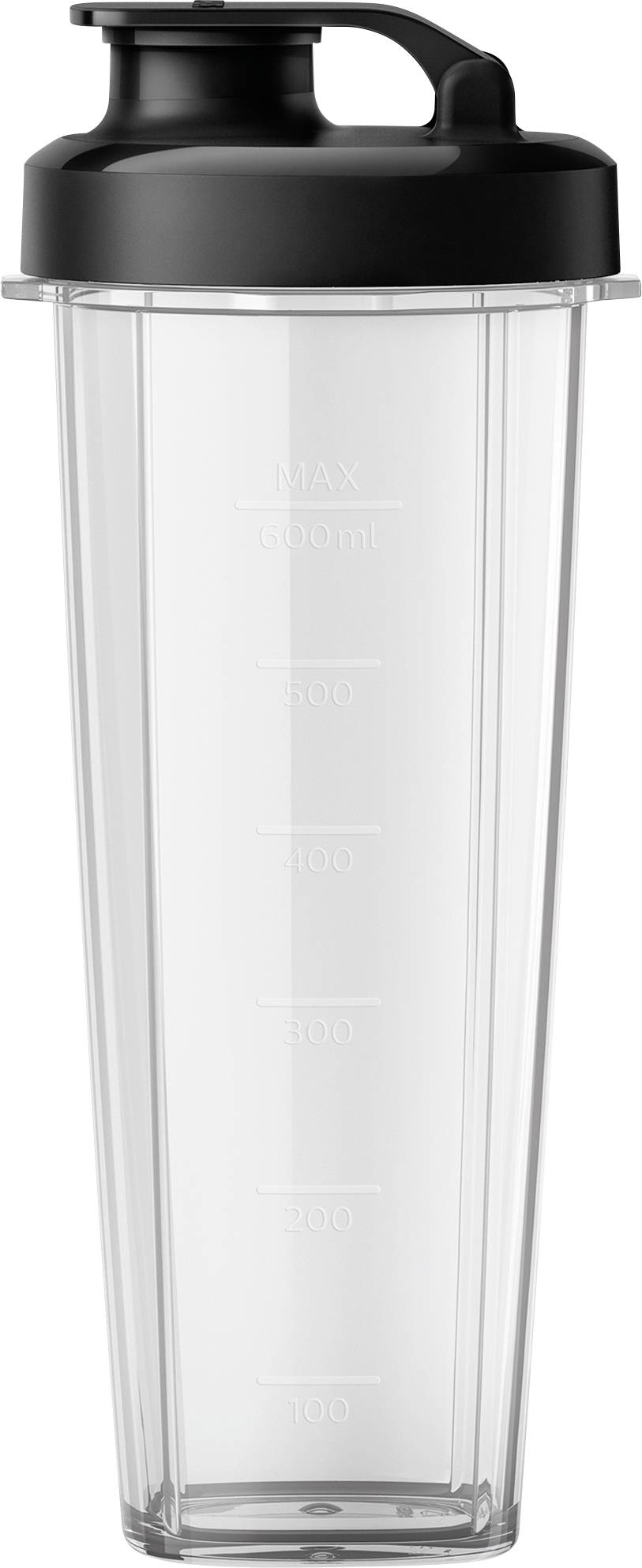 Dolg, prozoren shaker s črnim pokrovom, meri v mililitrih, primeren za mešanje pijač in proteinskih praškov.