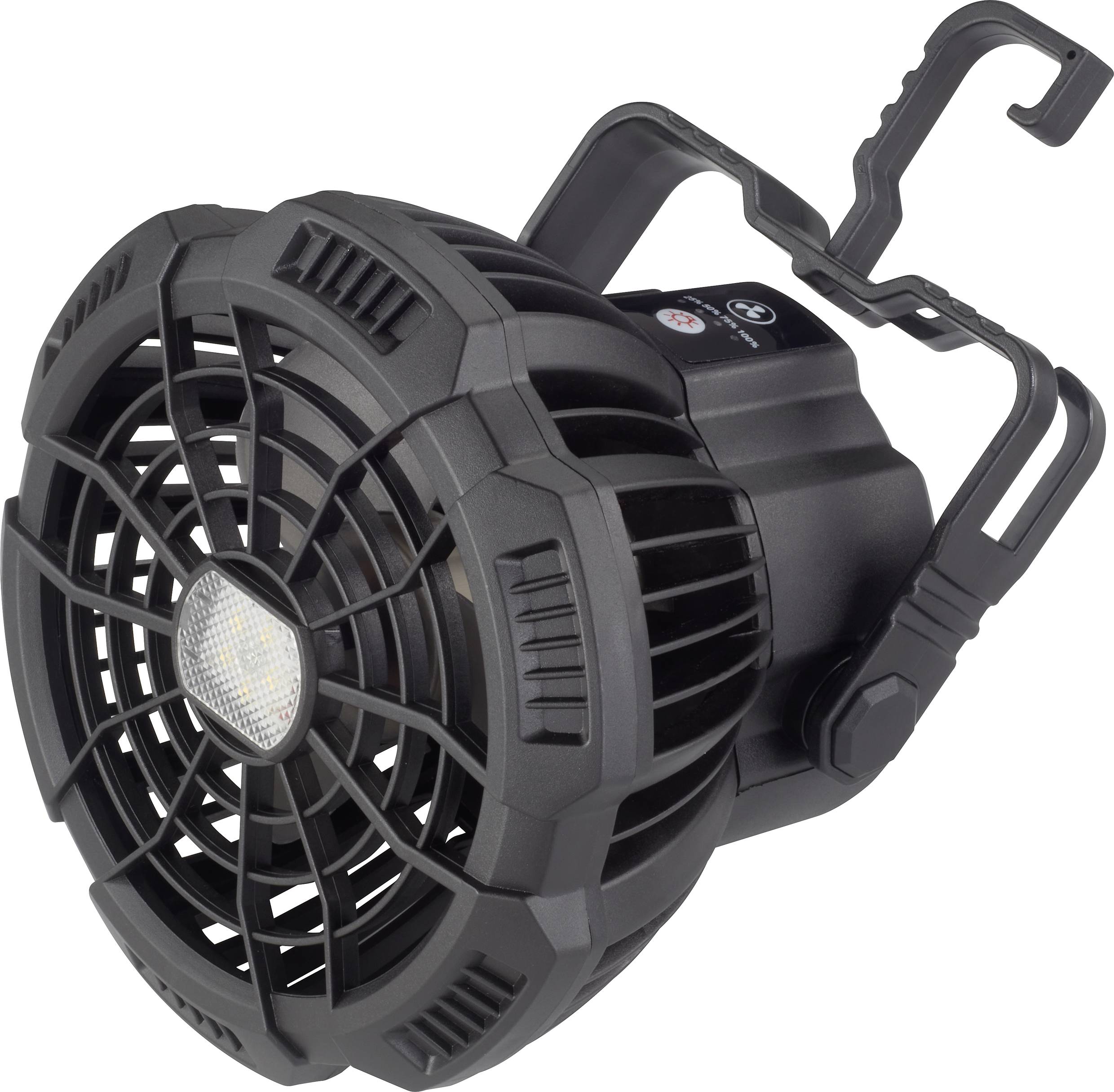 Črn prenosni ventilator z zanko za obešanje, stranski prezračevalni reži in upravljalnimi gumbi na vrhu.