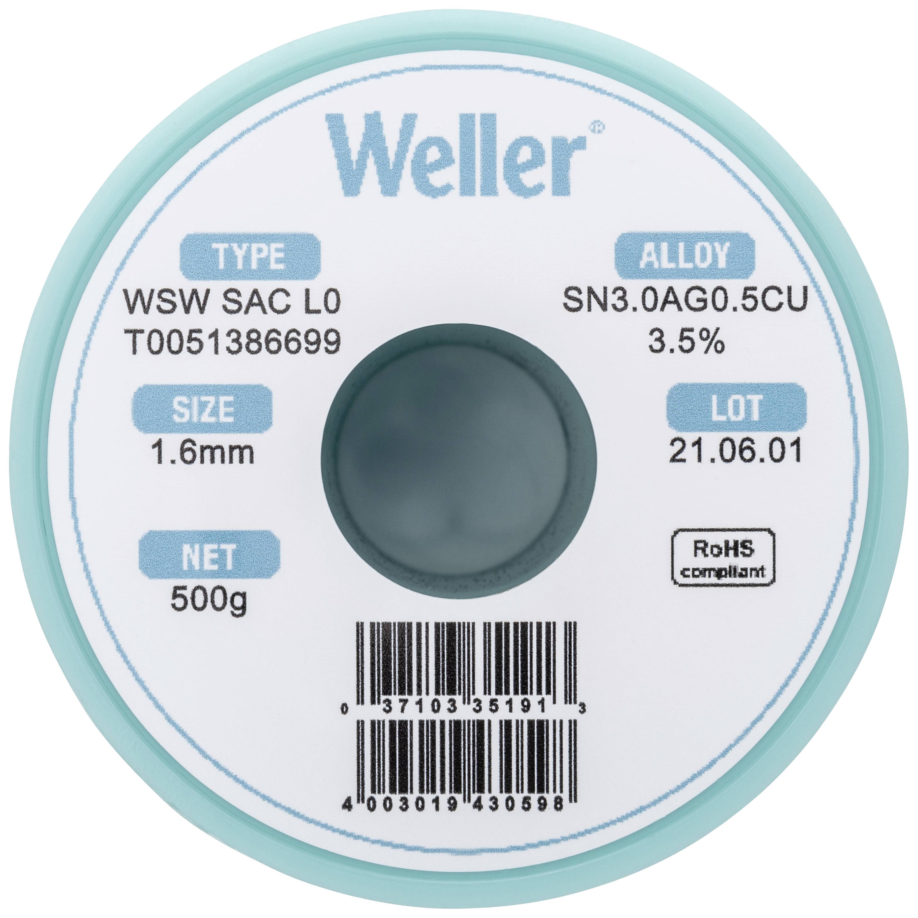 Weller T0051386699 spajkalna žica, neosvinčena tuljava, neosvinčeni Sn3,0Ag0,5Cu 500 g 1.60 mm