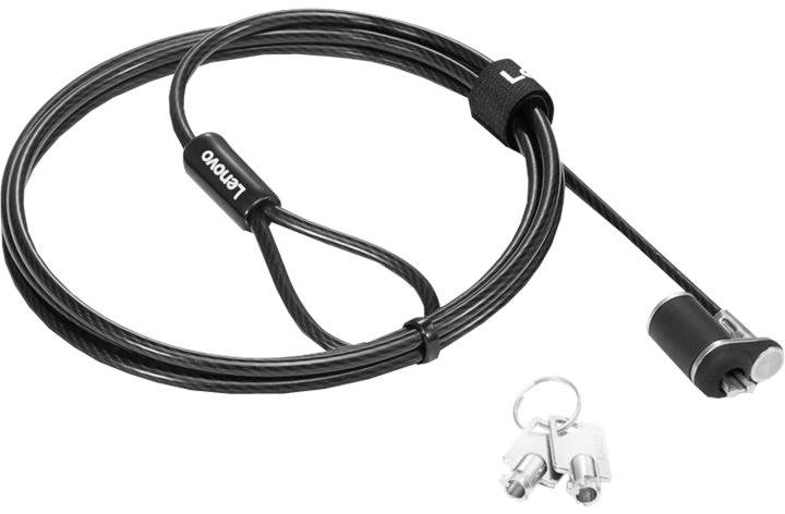 Črn varnostni kabel znamke Lenovo z zanko in ključavnico, ki vključuje dva srebrna ključa na obročku.