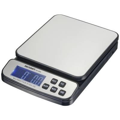 Digitalna kuhinjska tehtnica z modro osvetljenim zaslonom prikazuje '0,1 g'. Ima več tipk: Hold, PCS, On/Off, Mode, Tare.