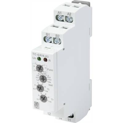 Električni modul na vodilni letvi z večimi priključnimi sponkami, vijačnimi priključki in rotacijskimi regulatorji, verjetno za krmilne funkcije.