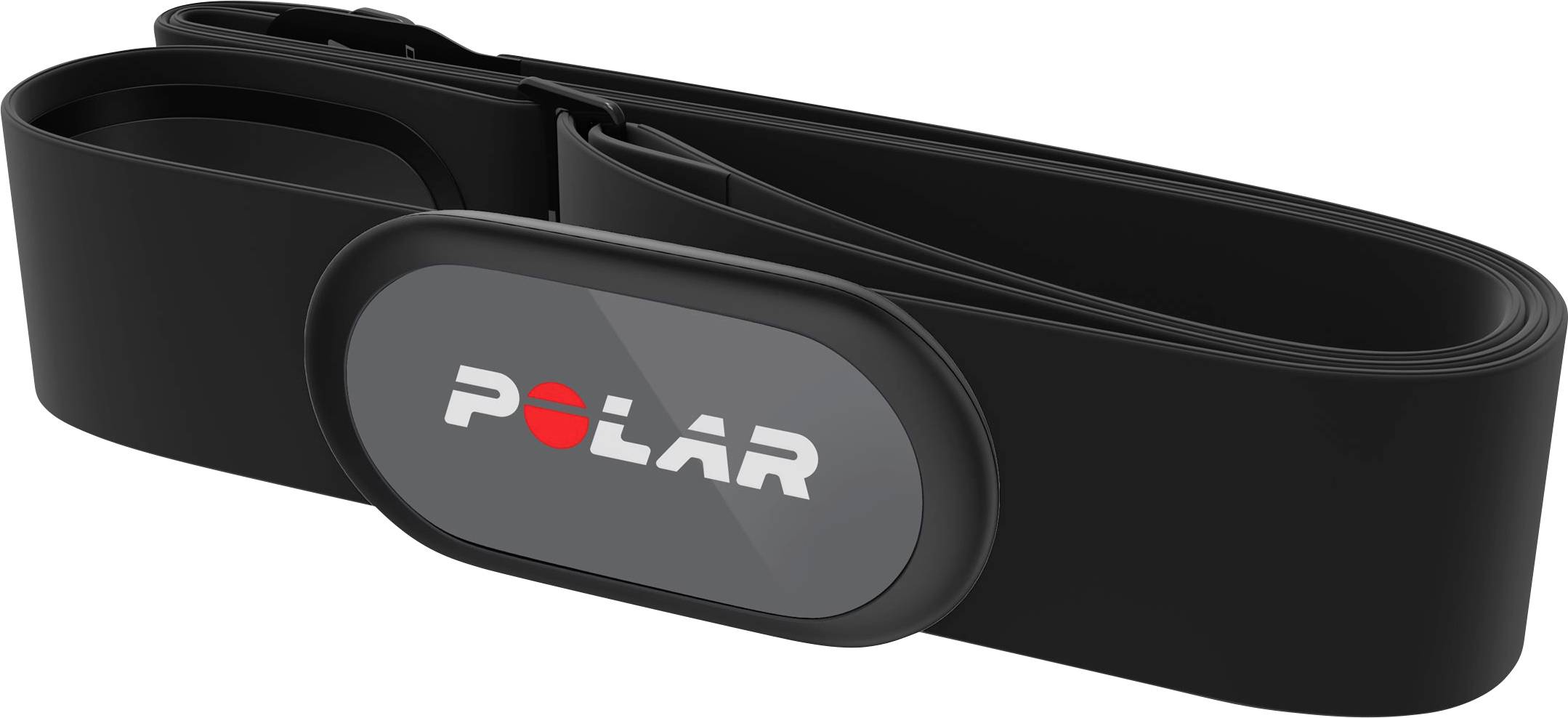 Črn merilnik srčnega utripa znamke 'Polar' z dolgimi elastičnimi trakovi za pritrditev na prsi, namenjen spremljanju telesne pripravljenosti.