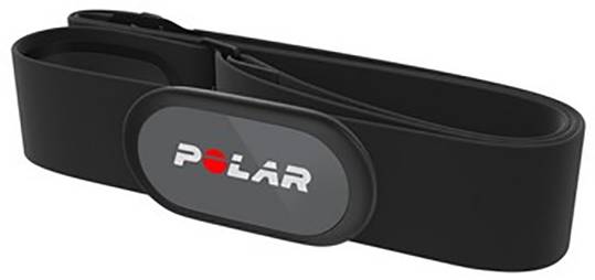 Črni senzor srčnega utripa s logotipom znamke Polar, namenjen spremljanju fitness podatkov med treningom.