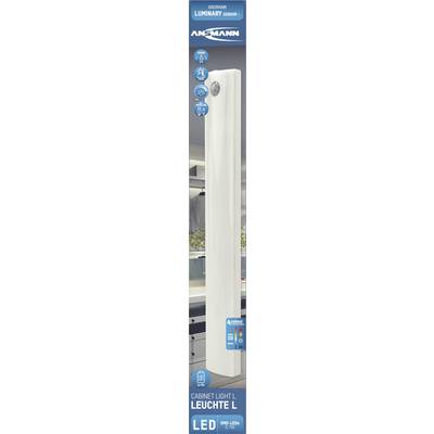 LED-omarska svetilka znamke Ansmann z gibnim senzorjem, model 'Cabinet Light L'. Prikazuje simbole za funkcije in energijsko učinkovitost A+.