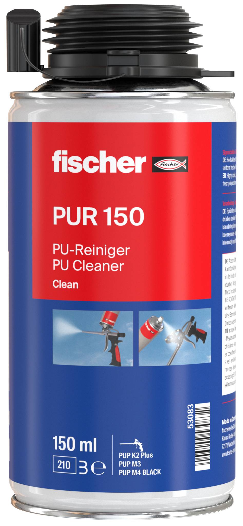 Steklenica čistila Fischer PUR 150 PU, 150 ml, z rdečo in modro nalepko za čiščenje orodij in površin iz PU pene.
