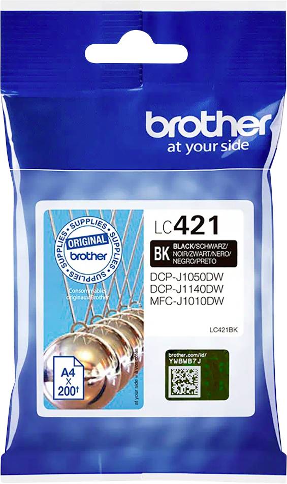 'Črnilni vložek LC421BK znamke Brother, črno črnilo, združljiv z modeli DCP-J1050DW, DCP-J1140DW, MFC-J1010DW, za približno 200 strani.'