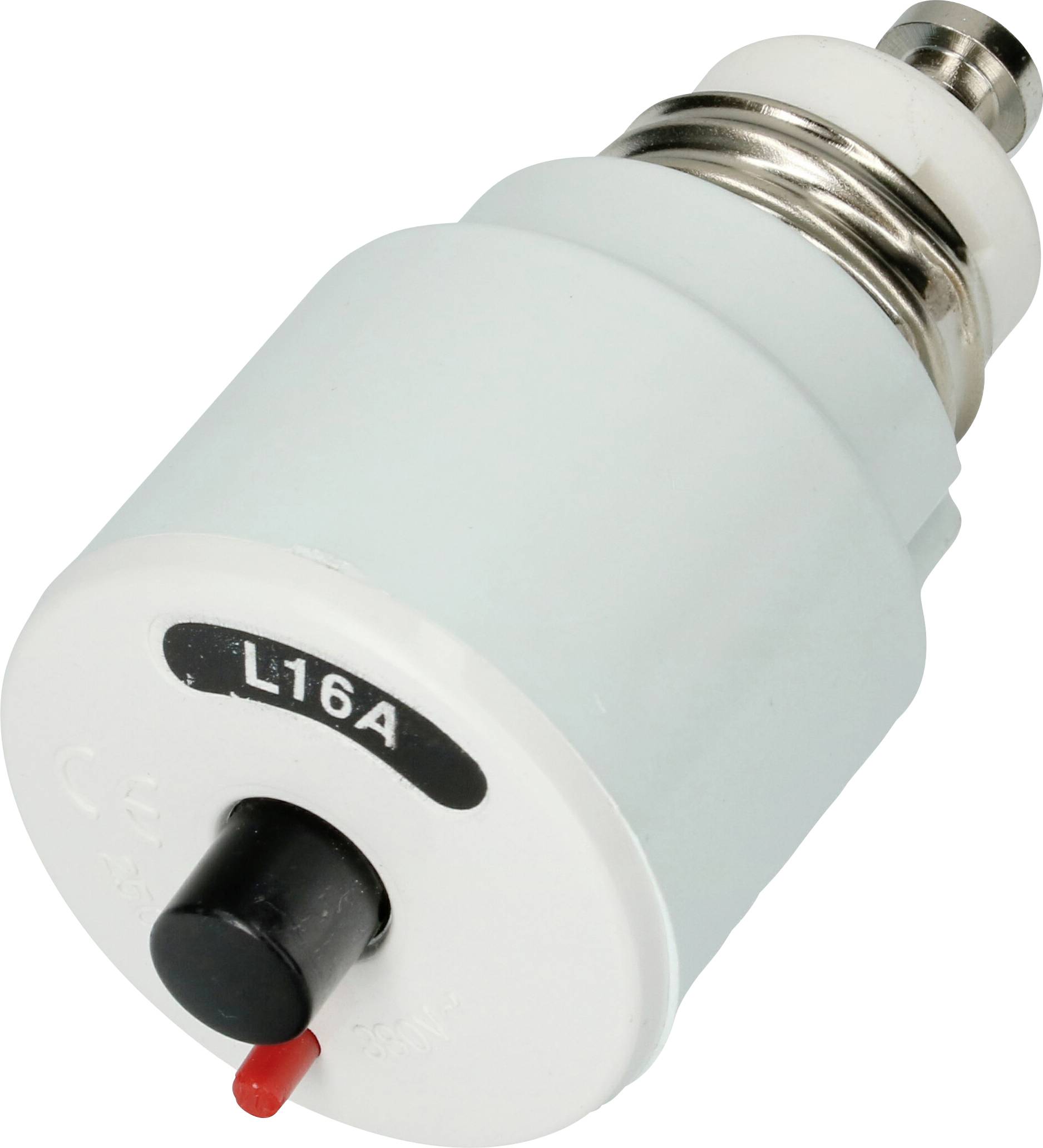 Varnostna varovalka z napisom 'L16A', plastično ohišje, črn pokrov, rdeč vrh, vijačno oblikovani kovinski kontakti zgoraj.
