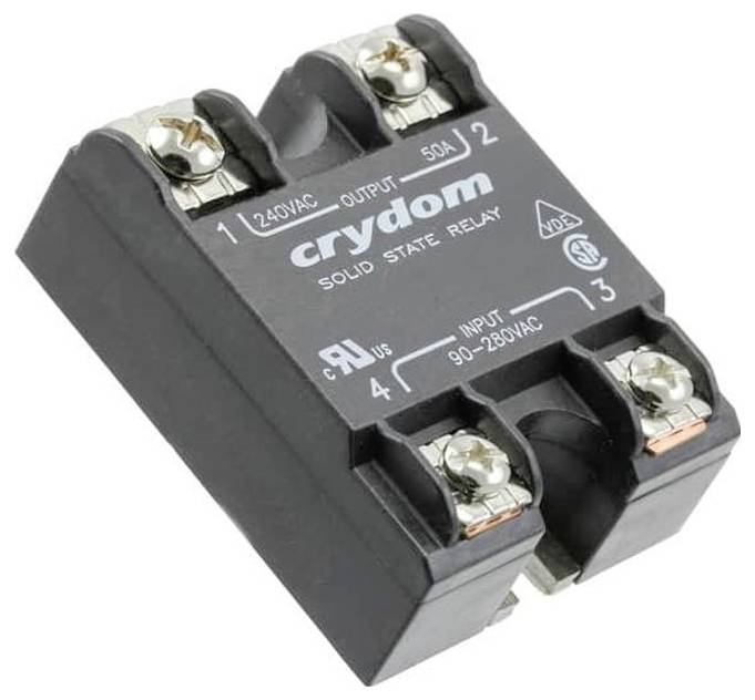 'Crydom Solid State Relay', črna, označena za vhod 90-280VAC, izhod 240VAC 50A.