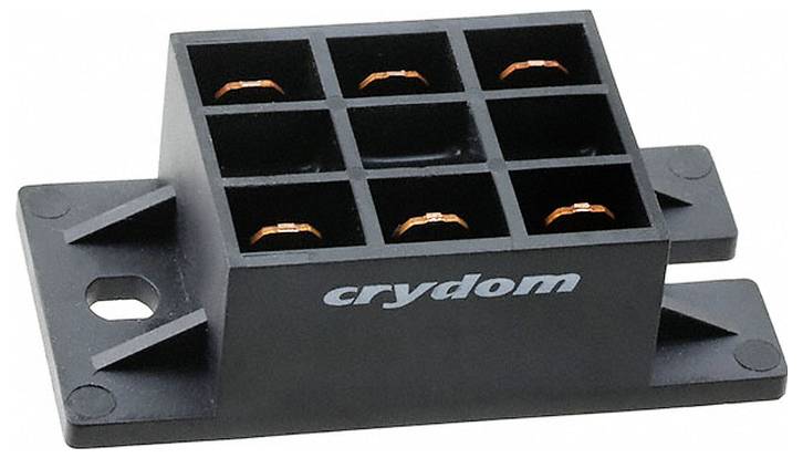 'Črna relejna podlaga Crydom z osmimi reženastimi predelki za električne povezave, zasnovana za varno montažo.'
