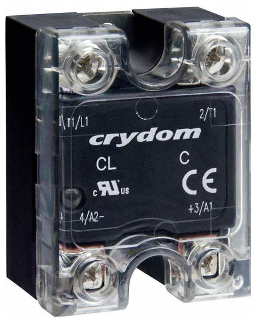 Tranzistor 'Crydom' s polprevodniški relejem z oznakami 'CL', 'C' in certifikacijskimi žigi. Primeren za električne povezave s priloženimi sponkami.