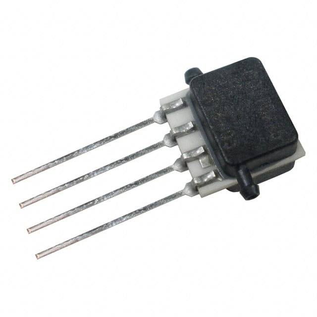 Elektronski element s štirimi tankimi kovinskimi kontakti v vrsti, prepoznaven kot senzor ali tranzistor, na belem ozadju.
