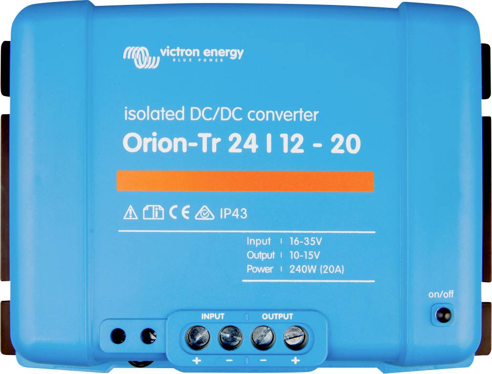 Moder DC/DC pretvornik znamke Victron Energy, model 'Orion-Tr 24 | 12 - 20'. Vhodna napetost 16-35V, izhod 10-15V, 240W.