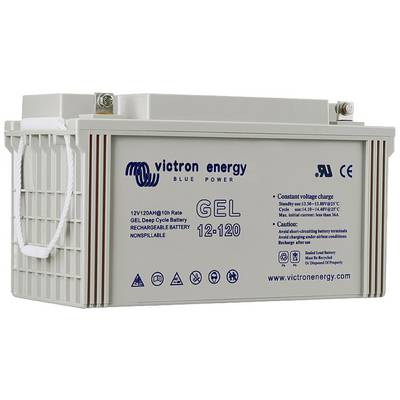 Gelska baterija Victron Energy 12-120 z modrim napisom in tehničnimi podatki na sprednji strani, primerna za globoke cikle.