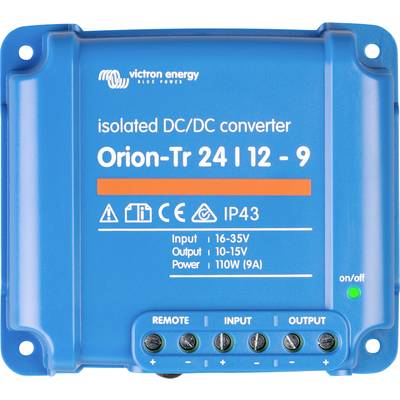 Moder DC/DC pretvornik Victron Energy z oznako 'Orion-Tr 24 | 12 - 9'. Specifikacije: Vhod 16-35V, izhod 10-15V, moč 110W. Razred zaščite IP43.