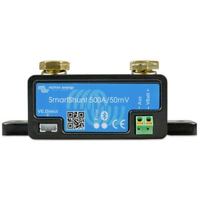Pametni merilnik toka 500A/50mV z modro sprednje plošče, ki prikazuje simbole Bluetooth in indikatorje napak, QR-kodo in električne priključke.