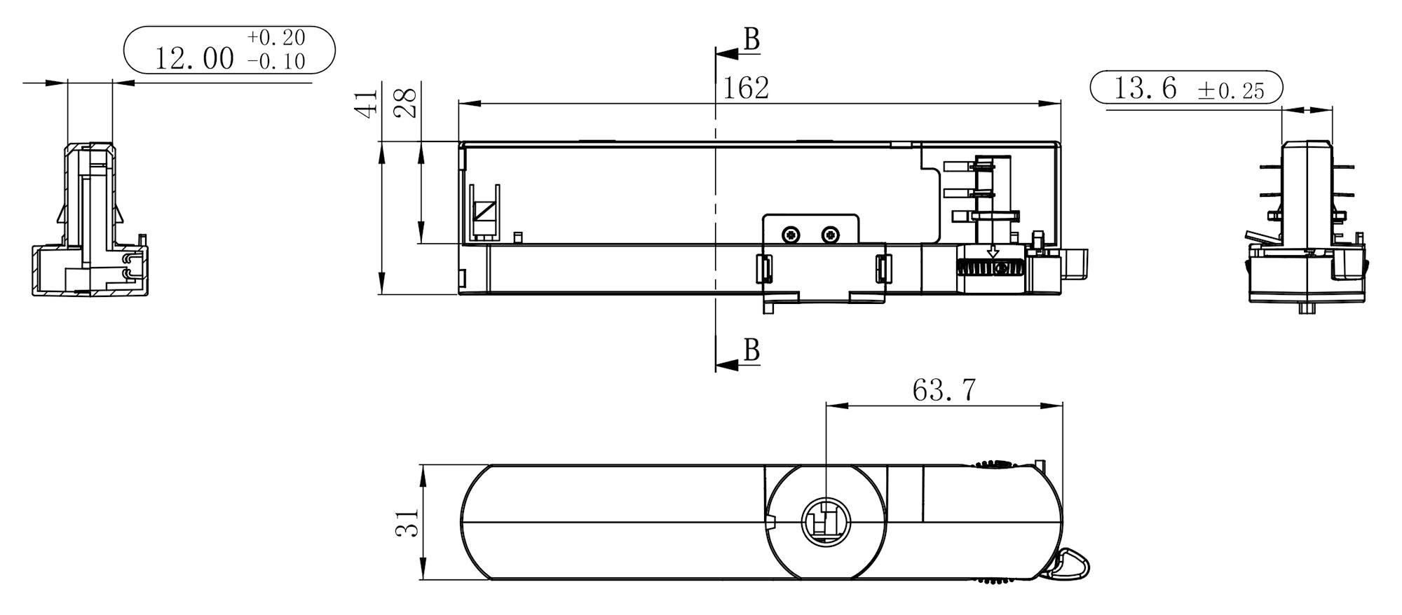 Tehnična risba električnega tečaja z merami: dolžina 162 mm, širina 63,7 mm, višina 31 mm. Prikazani prečni prerezi in podrobnosti.