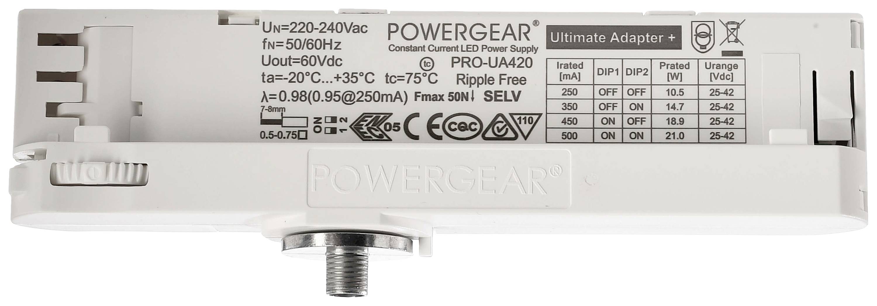 'Powergear' LED-adapter v beli barvi, s specifikacijami: vhod 220-240V, izhod 60V, IP40, do 250mA, certificiran s CE in CQC.