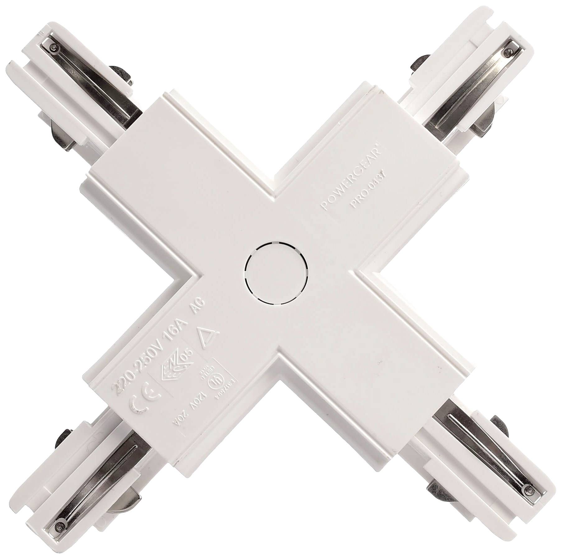 Bel X-obličen električni priključek za tirni sistem, primeren za napetosti med 220-250V in tokove do 16A.
