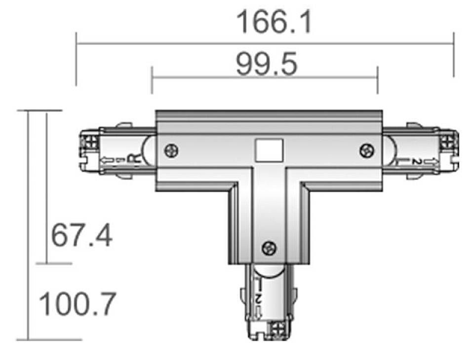 Tehnična risba T-oblike priključka z merami: 166,1 mm širina, 99,5 mm dolžina, 67,4 mm višina, 100,7 mm skupna velikost.