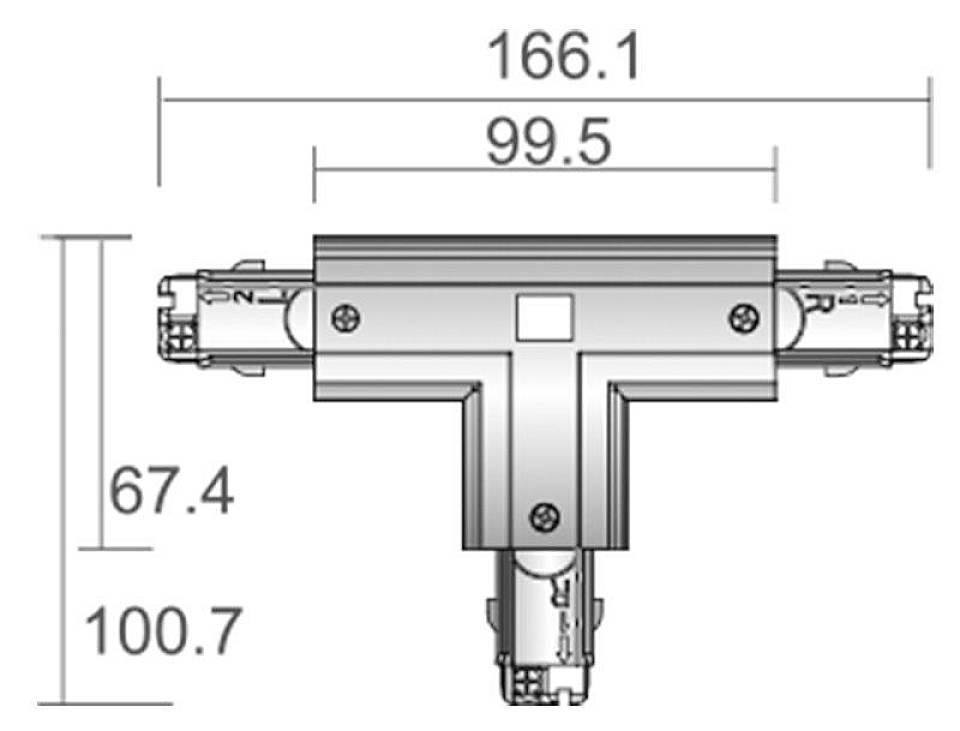'T-oblikovni priključek za tirne sisteme z merami: širina 166,1 mm, globina 99,5 mm, višina 67,4 mm, skupna višina 100,7 mm.'