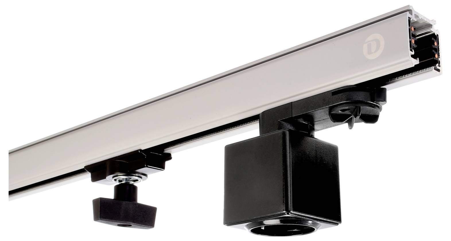 Bela stropna tirna svetilka z dvema črnima nastavljivima reflektorjema na beli podlagi