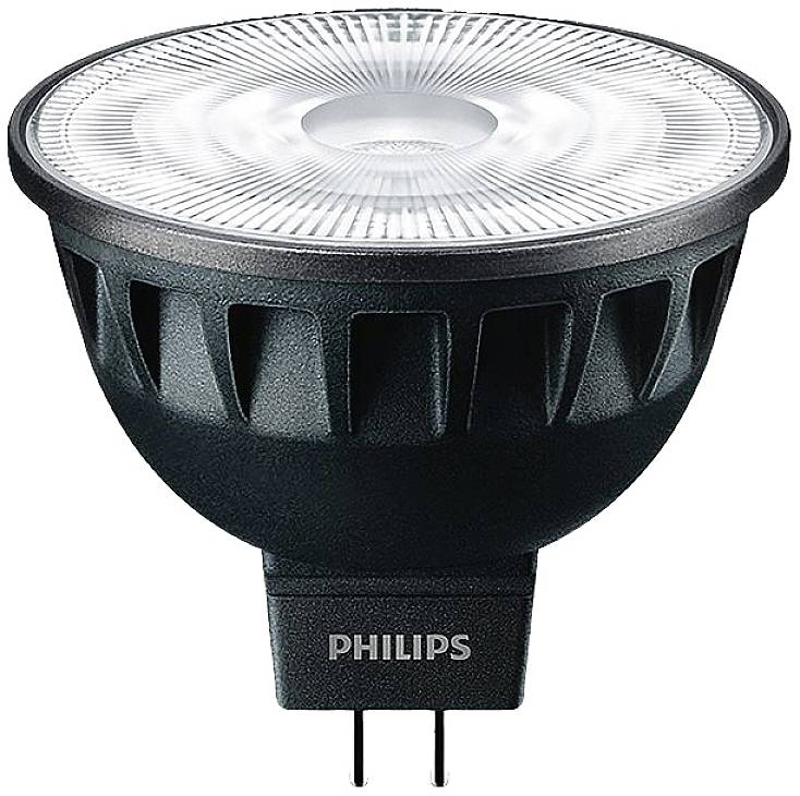 LED-reflektor znamke Philips z vtičnico GU5.3, črnim ohišjem in prozorno lečo, primeren za energetsko učinkovito razsvetljavo.